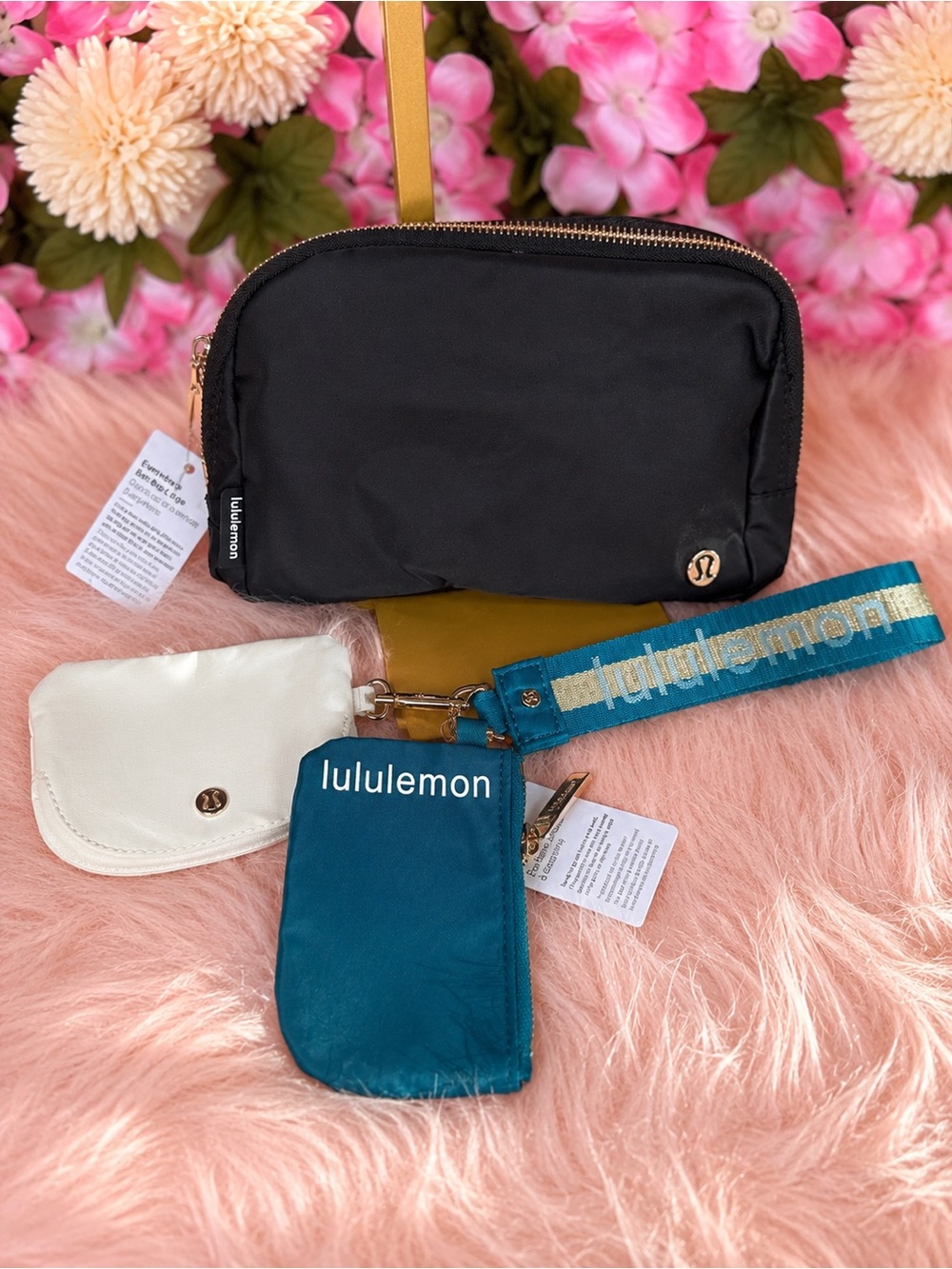 Belt Bag Combo Set Black Cosmetic Pouch with Teal Wristlet and Coin Pouches